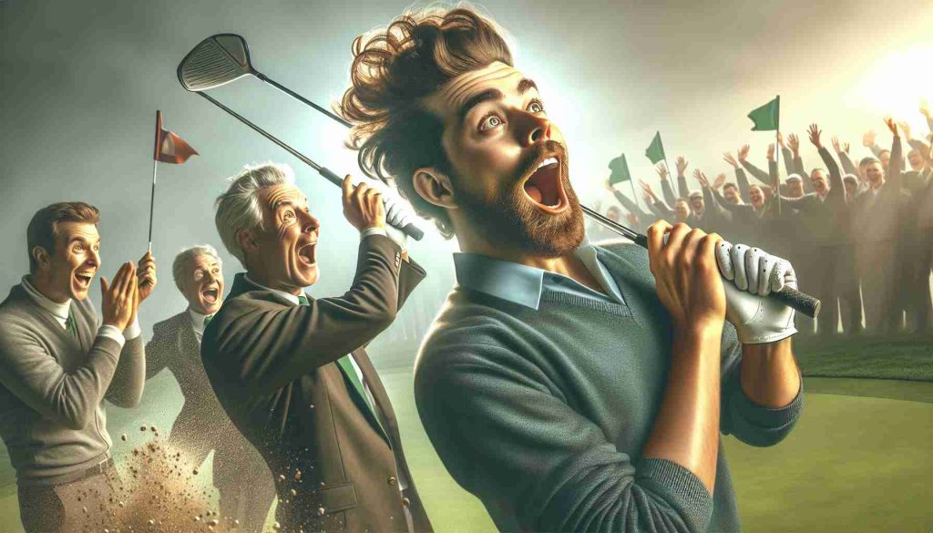 Realistic high-definition photo depicting a sensational scenario in golf. A player, just an average person with a distinctive hairstyle, adopts a bold strategy and manages to secure a four-stroke lead! The scene captures the excitement and surprise of this moment.