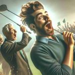 Realistic high-definition photo depicting a sensational scenario in golf. A player, just an average person with a distinctive hairstyle, adopts a bold strategy and manages to secure a four-stroke lead! The scene captures the excitement and surprise of this moment.