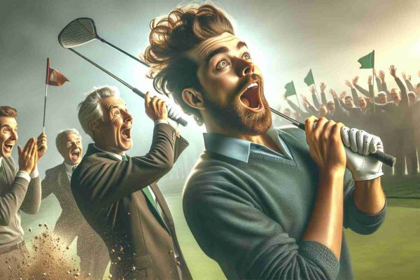 Realistic high-definition photo depicting a sensational scenario in golf. A player, just an average person with a distinctive hairstyle, adopts a bold strategy and manages to secure a four-stroke lead! The scene captures the excitement and surprise of this moment.