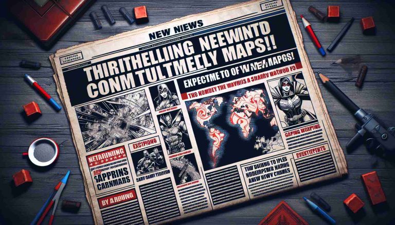 HD image of headlines announcing thrilling news about the release of new maps expected to completely alter the way a popular superhero-themed strategy game is played. The design should imitate a realistic newspaper style, with compelling subheadings, excerpts of the upcoming changes, and perhaps a sketch of one of the new maps, all contributing to the excitement of the announcement.