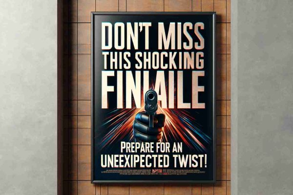 A high-definition, realistic image depicting a promotional poster for the shocking finale of an unnamed suspense series. The poster has intriguing, bold font stating 'Don't Miss This Shocking Finale! Prepare for an Unexpected Twist!' alongside a visual representation of tension and suspense.