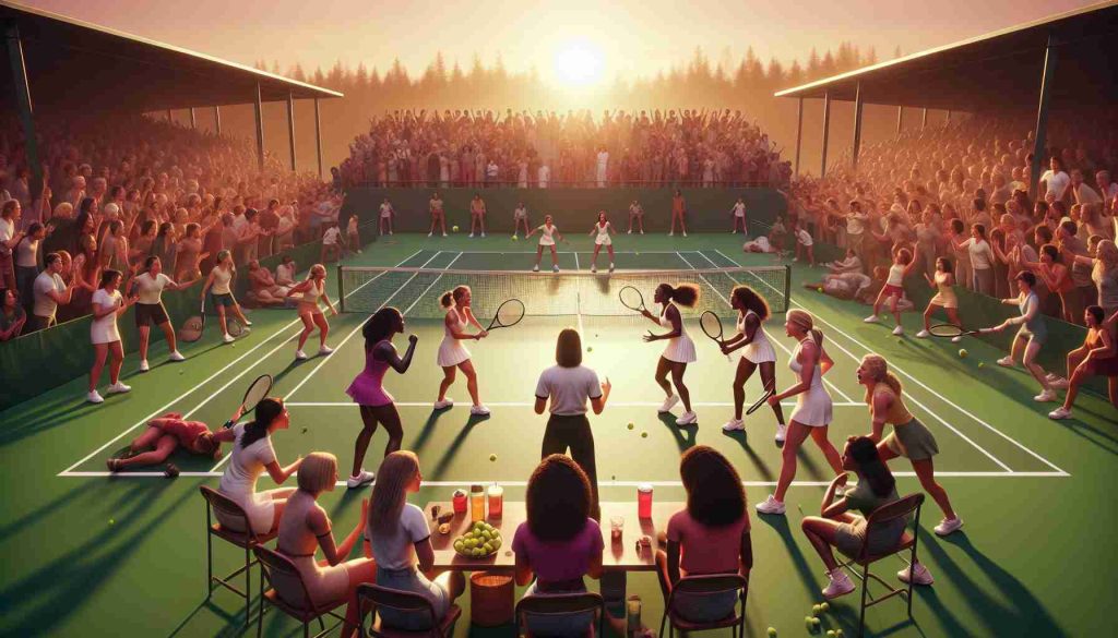 High-definition, realistic image showcasing a dramatic scene at a women's doubles tennis match. The court is filled with tension as the players, a diverse array of women including a White woman, a Hispanic woman, a Black woman, and a South Asian woman, engage in a heated exchange. The match has reached its climax and is taking an unexpected turn into chaos. The spectators, the umpire, ball boys, and girls manifest a spectrum of reactions towards the evolving drama. The setting sun adds a heat mirage effect to enhance the intense atmosphere.