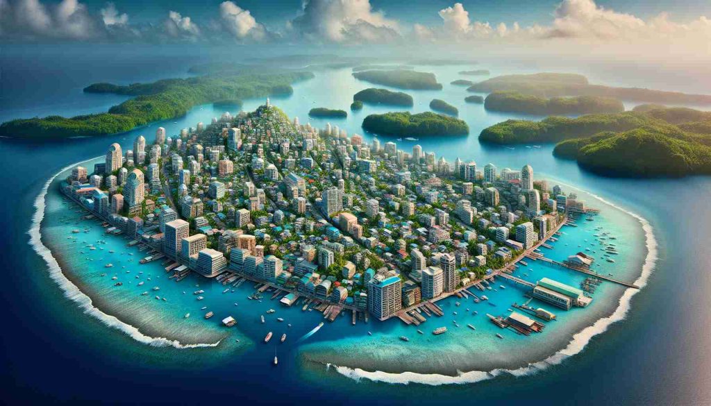 Generate a realistic, high-definition photograph showcasing the extraordinary capital of Palau, a city that intriguingly lacks permanent residents. The image should capture elements of the city's unique architecture and geography.