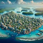 Generate a realistic, high-definition photograph showcasing the extraordinary capital of Palau, a city that intriguingly lacks permanent residents. The image should capture elements of the city's unique architecture and geography.