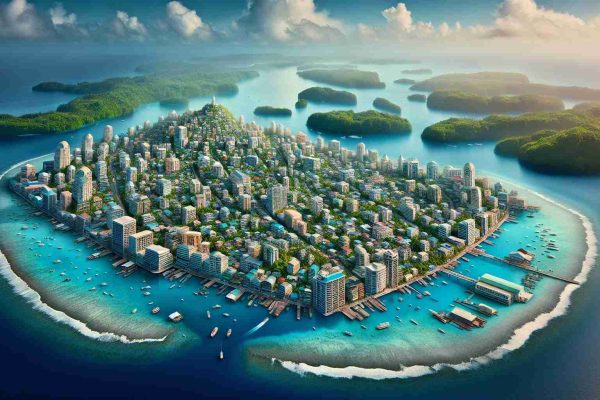 Generate a realistic, high-definition photograph showcasing the extraordinary capital of Palau, a city that intriguingly lacks permanent residents. The image should capture elements of the city's unique architecture and geography.