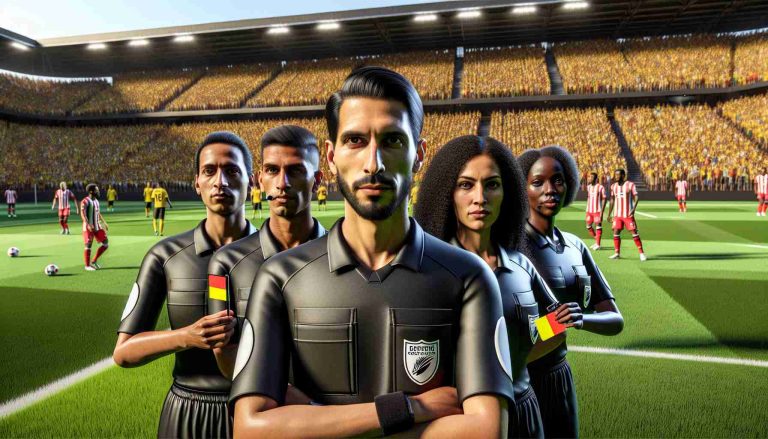 A hyper-realistic, high-definition image showcasing an exciting sports match underway. Capture the vibrant energy of the players, spectators, and the field itself. Particularly, shed light on the team of referees overseeing the game. The refereeing team comprises of a Middle Eastern woman, a South Asian man, and a Black woman, all wearing professional referee attire, expressions focused and serious, detailing the texture of their uniforms, whistle, yellow and red cards. Also, visually signify the role they play, such as through body language signaling active participation and decision making.