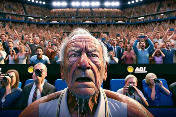 An incredibly detailed and photorealistic image in high definition capturing a shocking moment at an international tennis tournament. The spectators in the stands display a mix of disbelief and surprise as a veteran player, who many did not expect to triumph, is about to score the winning point. The anxious anticipation of the crowd, the intense focus of the players, the scoreboards blinking under the bright lights, and the Australian Open logo set the scene. The camera zooms in on the sweat-drenched face of the veteran player, embodying an unexpected victory against the odds.