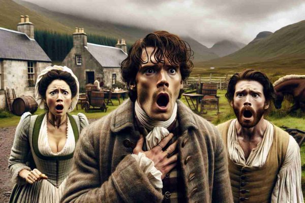 Create a high-definition, realistic image depicting a scene where characters from a historical drama series express shock and surprise, possibly due to a surprising revelation. The setting should be one typical of an 18th-century time-travel saga in Scotland with distinct elements such as period costumes and rustic glimpses of the Scottish highlands.