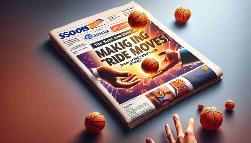 Realistic high-definition photo with a superimposed headline reading: 'The Suns Are Making Big Moves! Discover Their Latest Trade Strategy!' The photo should cleverly incorporate elements of basketball symbolizing the trade strategy. A sun could be in the background alluding to the team, and in the foreground, there could be two hands exchanging basketballs, confirming the trading theme.