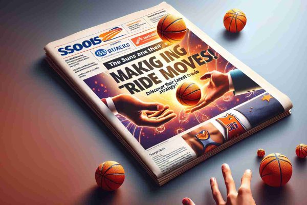 Realistic high-definition photo with a superimposed headline reading: 'The Suns Are Making Big Moves! Discover Their Latest Trade Strategy!' The photo should cleverly incorporate elements of basketball symbolizing the trade strategy. A sun could be in the background alluding to the team, and in the foreground, there could be two hands exchanging basketballs, confirming the trading theme.