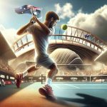 A realistic, high-quality photo depicting the journey of a talented and determined European male tennis player striving for glory at a major international tennis tournament located in Australia.