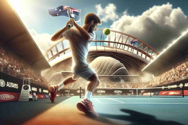 A realistic, high-quality photo depicting the journey of a talented and determined European male tennis player striving for glory at a major international tennis tournament located in Australia.