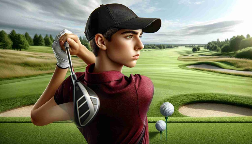 Realistic high-resolution image of a young, unknown male golf prodigy, poised right at the moment of striking a golf ball. He's dressed in smart golf attire, with a red shirt, black pants, and a neatly matched cap. His attention is completely focused on the golf ball, a picture of concentration. In the background, the lush green expanse of a golf course stretches out, with meticulously maintained grass, sand traps, trees, and a blue sky above.