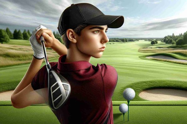 Realistic high-resolution image of a young, unknown male golf prodigy, poised right at the moment of striking a golf ball. He's dressed in smart golf attire, with a red shirt, black pants, and a neatly matched cap. His attention is completely focused on the golf ball, a picture of concentration. In the background, the lush green expanse of a golf course stretches out, with meticulously maintained grass, sand traps, trees, and a blue sky above.