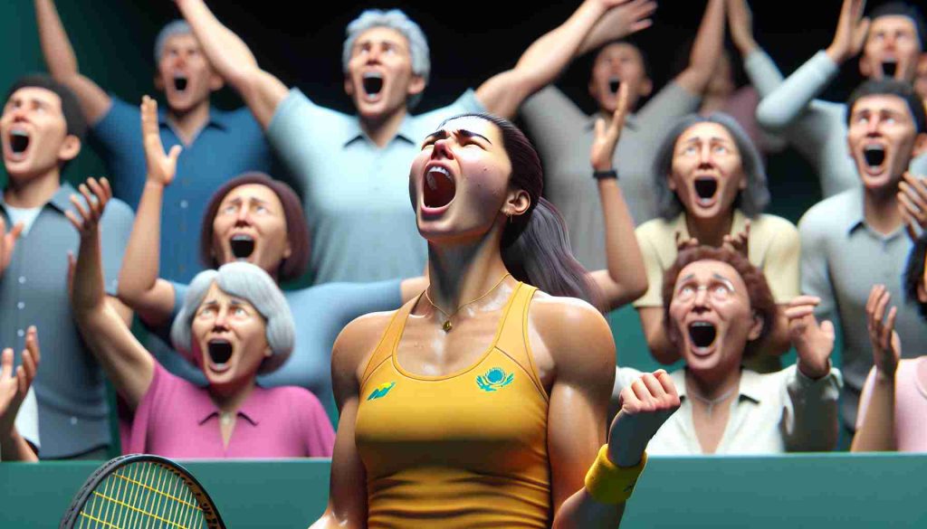 A high definition, lifelike image depicting a dramatic moment from a large tennis event in 2025. Focus on a female tennis player, perhaps of Kazakh descent, who is overwhelmed with euphoria and surprise at her unstoppable advancement in the tournament. The background should show spectators' blended reactions ranging from shock to admiration. Please avoid depicting recognizable entities or logos.