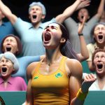 A high definition, lifelike image depicting a dramatic moment from a large tennis event in 2025. Focus on a female tennis player, perhaps of Kazakh descent, who is overwhelmed with euphoria and surprise at her unstoppable advancement in the tournament. The background should show spectators' blended reactions ranging from shock to admiration. Please avoid depicting recognizable entities or logos.