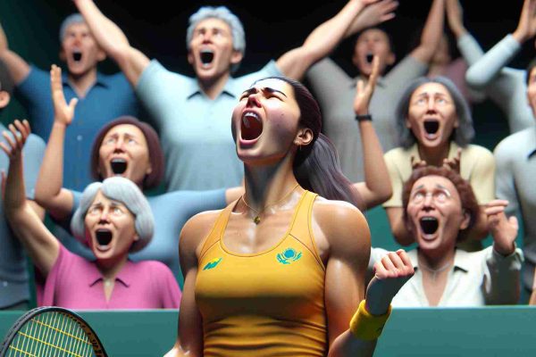 A high definition, lifelike image depicting a dramatic moment from a large tennis event in 2025. Focus on a female tennis player, perhaps of Kazakh descent, who is overwhelmed with euphoria and surprise at her unstoppable advancement in the tournament. The background should show spectators' blended reactions ranging from shock to admiration. Please avoid depicting recognizable entities or logos.