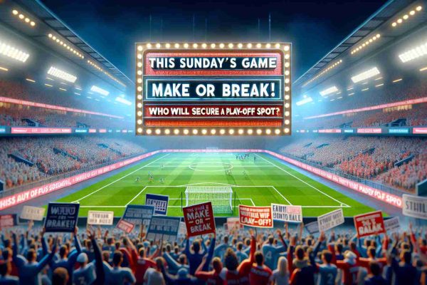 Generate a realistic high-definition image reflecting the anticipation of a crucial sports game this Sunday that could determine who secures a play-off spot. The image can feature various elements associated with a major sports game, including a brightly lit stadium, excited fans with signs and banners, and a headline scorecard with 'This Sunday's Game is Make or Break! Who Will Secure a Play-Off Spot?' written on it.