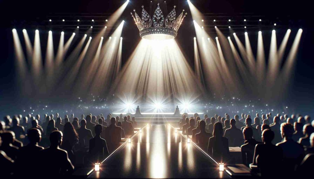 A high-definition realistic visual of a suspenseful finale. The scene takes place under glaring spotlights in an environment filled with anticipation. Participants in the event are waiting with bated breaths to find who will take the crown. The scene is filled with intense emotion and suspense, with the spectators on the edge of their seats. The crown sparkles in the light, waiting to be claimed.