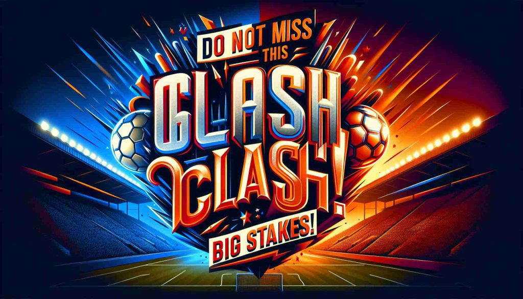 High-definition realistic image of an advertisement for a major sports clash. The poster features intense, vibrant colours, yelling excitement and competition, with dramatic fonts emphasizing the phrase 'Do Not Miss This Clash! Big Stakes!'. Two abstract, non-specific football team logos are at the center mirroring the intensity of the rivalry. The background is a gradient of sunset orange to twilight blue, evoking the feeling of a blockbuster evening game.