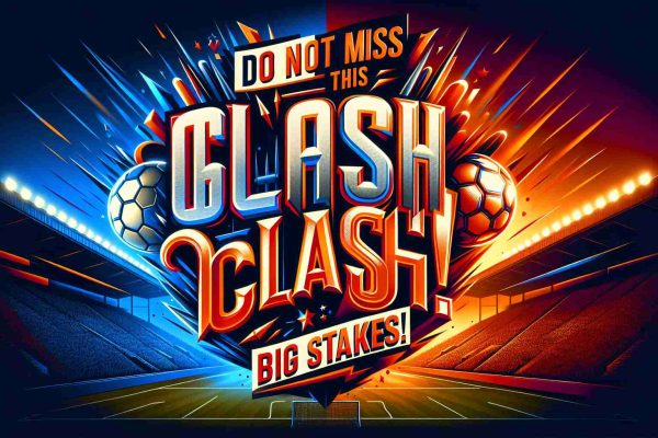 High-definition realistic image of an advertisement for a major sports clash. The poster features intense, vibrant colours, yelling excitement and competition, with dramatic fonts emphasizing the phrase 'Do Not Miss This Clash! Big Stakes!'. Two abstract, non-specific football team logos are at the center mirroring the intensity of the rivalry. The background is a gradient of sunset orange to twilight blue, evoking the feeling of a blockbuster evening game.