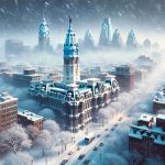 Render a realistic, high-definition image depicting a heavy snowfall event in Philadelphia. Your depiction should capture the severity of a major snowstorm, as it blankets the city's famous landmarks. Emphasize details such as snow accumulating on rooftops and roadsides, bare tree limbs laden with snow, and the city's streetscapes transformed into a winter wonderland.