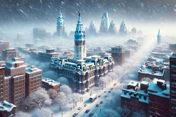 Render a realistic, high-definition image depicting a heavy snowfall event in Philadelphia. Your depiction should capture the severity of a major snowstorm, as it blankets the city's famous landmarks. Emphasize details such as snow accumulating on rooftops and roadsides, bare tree limbs laden with snow, and the city's streetscapes transformed into a winter wonderland.