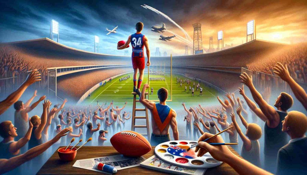 Create a realistic high-definition image illustrating the inspirational journey of a young aspiring athlete. Paint the starting scene in the rugged playgrounds of Australian Football League (AFL). Then transition to his eventual rise to stardom in American football. Capture this journey through symbolic elements like an AFL ball, a stadium, an American football, cheering crowds, and more. Do not include any real people or celebrities.