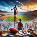 Create a realistic high-definition image illustrating the inspirational journey of a young aspiring athlete. Paint the starting scene in the rugged playgrounds of Australian Football League (AFL). Then transition to his eventual rise to stardom in American football. Capture this journey through symbolic elements like an AFL ball, a stadium, an American football, cheering crowds, and more. Do not include any real people or celebrities.