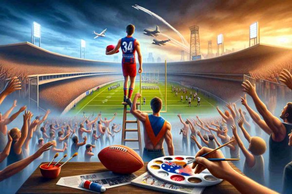 Create a realistic high-definition image illustrating the inspirational journey of a young aspiring athlete. Paint the starting scene in the rugged playgrounds of Australian Football League (AFL). Then transition to his eventual rise to stardom in American football. Capture this journey through symbolic elements like an AFL ball, a stadium, an American football, cheering crowds, and more. Do not include any real people or celebrities.