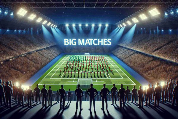 High definition, realistic image representing a big matches ahead concept. Show a dramatic scene in a massive stadium filled with ecstatic audience waiting in anticipation. Highlight a team of underdogs, perhaps by illustrating them smaller, less colorful or symbolically under a larger shadow. They should appear ready to face their challenges, yet uncertain if they can survive the competition.