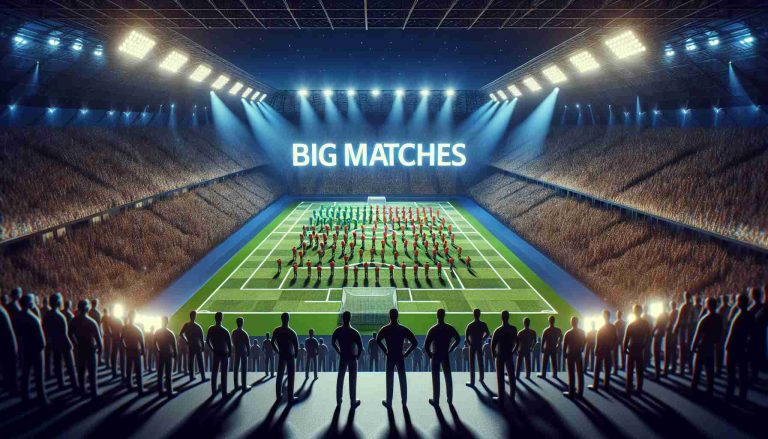 High definition, realistic image representing a big matches ahead concept. Show a dramatic scene in a massive stadium filled with ecstatic audience waiting in anticipation. Highlight a team of underdogs, perhaps by illustrating them smaller, less colorful or symbolically under a larger shadow. They should appear ready to face their challenges, yet uncertain if they can survive the competition.