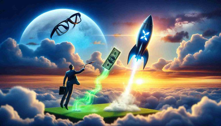 A realistic high definition image portraying a metaphorical scene of the cryptocurrency XRP soaring high into the sky, symbolizing major financial gains. The scene should include dramatic clouds, a vivid sunrise in the background, and a rocket with the XRP logo on it rocketing upwards. The rocket leaves a trail of green, indicating positive growth. To signify the 'expert' viewpoint, include glasses and a business suit floating next to the rocket, symbolizing the analytical prediction. Remember this is metaphorical, not an actual financial prediction.