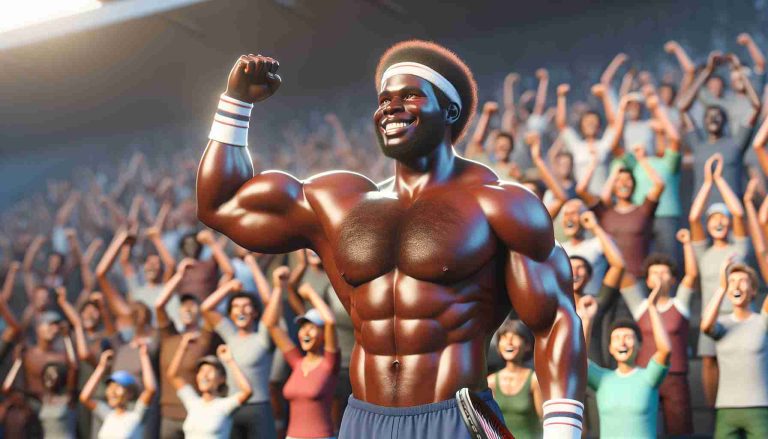 Render a realistic High Definition image of an impressive victory of a talented, muscular tennis player. The player should be of African-American descent, sporting a radiant smile, and lifting a triumphantly clenched fist in the air. There's a big crowd in the background, loudly cheering for his victory, and he is prepared for the next challenge that awaits him.