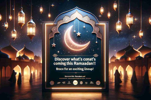 A high definition, realistic image showcasing a board or poster that reads 'Discover What’s Coming This Ramadan! Brace for an Exciting Lineup!'. The backdrop of the poster should be set in an Arabian nights ambiance with the glimmering crescent moon, twinkling stars, and the subtle glow of lanterns. Depict a sense of anticipation and excitement, perhaps with shadowy figures in the distance suggesting an upcoming gathering. Capture the festive mood of the holy month of Ramadan.