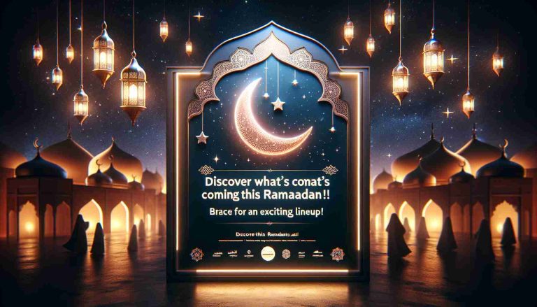 A high definition, realistic image showcasing a board or poster that reads 'Discover What’s Coming This Ramadan! Brace for an Exciting Lineup!'. The backdrop of the poster should be set in an Arabian nights ambiance with the glimmering crescent moon, twinkling stars, and the subtle glow of lanterns. Depict a sense of anticipation and excitement, perhaps with shadowy figures in the distance suggesting an upcoming gathering. Capture the festive mood of the holy month of Ramadan.