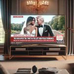 Realistic high-definition image depicting a television screen showcasing a news headline that reads, 'Breaking News: The Unexpected Twist in the Latest High-Profile Romance!' The image also shows a blurred background of an anonymous tastefully decorated living room.