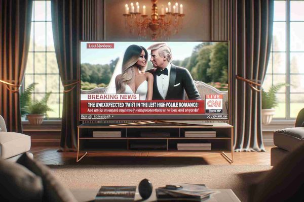 Realistic high-definition image depicting a television screen showcasing a news headline that reads, 'Breaking News: The Unexpected Twist in the Latest High-Profile Romance!' The image also shows a blurred background of an anonymous tastefully decorated living room.