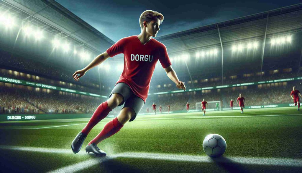 Realistic HD photo of a concept art displaying a young, talented football player in a red jersey, skillfully handling the ball on a green soccer field. The background features a stadium filled with cheering fans. The name 'Dorgu' is printed on the back of his jersey, indicating his potential as the next big signing for a major football club.