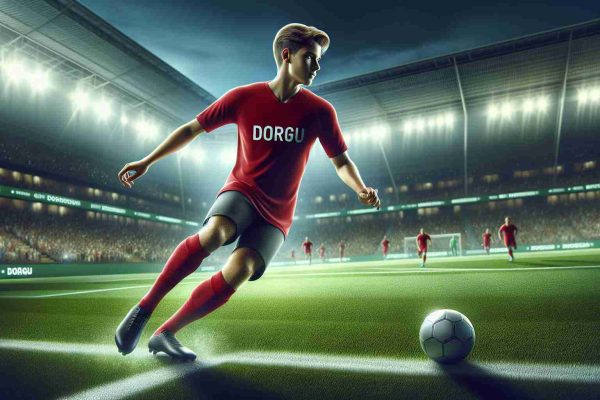 Realistic HD photo of a concept art displaying a young, talented football player in a red jersey, skillfully handling the ball on a green soccer field. The background features a stadium filled with cheering fans. The name 'Dorgu' is printed on the back of his jersey, indicating his potential as the next big signing for a major football club.