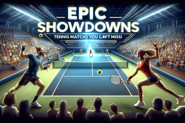 Generate a realistic, high-definition image illustrating an intense tennis match that is unmissable. Show the scene from a dynamic angle, capturing two athletes of different genders and descents fiercely competing on a well-kept tennis court with the crowd cheerfully engaged and the words 'Epic Showdowns: Tennis Matches You Can't Miss!' displayed prominently in stylish font at the top of the image.