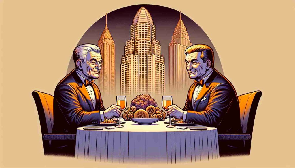 Create a high-definition image showing a dinner scene where two wealthy businessmen, one with a notable tower building and another with a reputation for large-scale entertainment ventures, are dining together. These figures are instantly recognizable by their unique hairstyles, with one sporting a distinctive comb-over and the other having a receding hairline. Note: The scene should strictly focus on the executives as business tycoons, avoiding any political undertones.