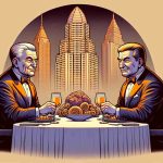 Create a high-definition image showing a dinner scene where two wealthy businessmen, one with a notable tower building and another with a reputation for large-scale entertainment ventures, are dining together. These figures are instantly recognizable by their unique hairstyles, with one sporting a distinctive comb-over and the other having a receding hairline. Note: The scene should strictly focus on the executives as business tycoons, avoiding any political undertones.