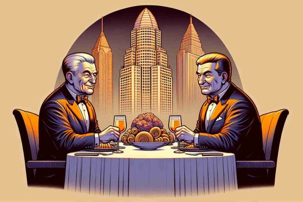 Create a high-definition image showing a dinner scene where two wealthy businessmen, one with a notable tower building and another with a reputation for large-scale entertainment ventures, are dining together. These figures are instantly recognizable by their unique hairstyles, with one sporting a distinctive comb-over and the other having a receding hairline. Note: The scene should strictly focus on the executives as business tycoons, avoiding any political undertones.