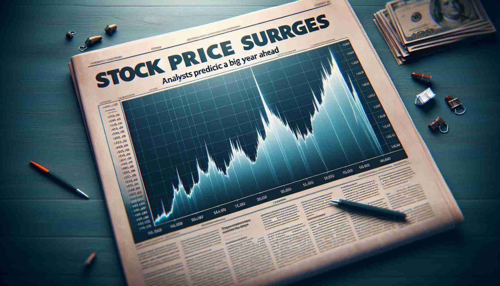 Realistically designed image of a stock market chart showing a sharp upward trend, signifying a surge. The title of the graph will say 'Stock Price Surges', with a newspaper headline below it reading 'Analysts Predict Big Year Ahead'. Make sure to artistically portray the general notion of a stock going upwards instead of an explicit name.