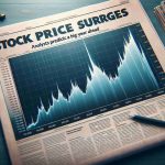 Realistically designed image of a stock market chart showing a sharp upward trend, signifying a surge. The title of the graph will say 'Stock Price Surges', with a newspaper headline below it reading 'Analysts Predict Big Year Ahead'. Make sure to artistically portray the general notion of a stock going upwards instead of an explicit name.