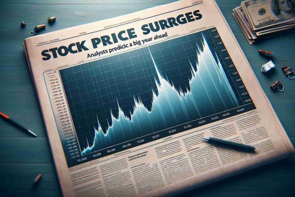 Realistically designed image of a stock market chart showing a sharp upward trend, signifying a surge. The title of the graph will say 'Stock Price Surges', with a newspaper headline below it reading 'Analysts Predict Big Year Ahead'. Make sure to artistically portray the general notion of a stock going upwards instead of an explicit name.