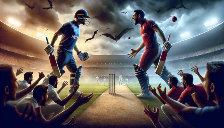 Detailed image in high definition quality showcasing a dramatic scene of a cricket match. The image should highlight the tension and excitement that's prevalent in the air as two rival teams lock horns on the cricket field. The atmosphere should brim with suspense, and the reactions from the fans should be captured, indicating their full dedication and uncontrollable enthusiasm to this unexpected rivalry.