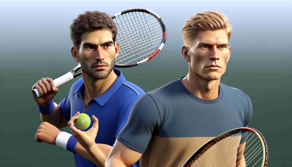 High definition realistic illustration of two unidentified professional male tennis players, one with a sense of shock and retaliation in his eyes, anticipating a showdown on the tennis court. One character has short blond hair, a strong physique, and is clad in sportswear brandishing a tennis racket. The other character has short dark hair, an athletic build, is also clad in sportswear, and awaiting the said showdown with tennis racket in hand.