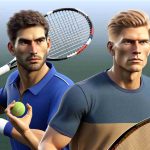 High definition realistic illustration of two unidentified professional male tennis players, one with a sense of shock and retaliation in his eyes, anticipating a showdown on the tennis court. One character has short blond hair, a strong physique, and is clad in sportswear brandishing a tennis racket. The other character has short dark hair, an athletic build, is also clad in sportswear, and awaiting the said showdown with tennis racket in hand.